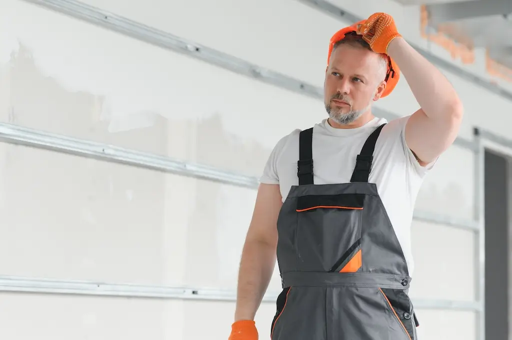 Garage door technician in work overalls and safety gear stands in front of a garage door, appearing thoughtful. Visual representation for how to start a garage door business and the hands-on nature of the trade.