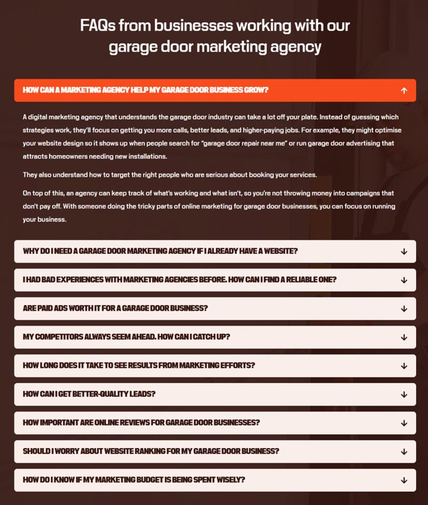 How To Win Customers In The Garage Door Business — 5 Practical Tips To Stand Out 6 Sample faq widget for garage door marketing agency