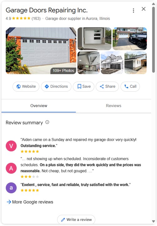 How To Win Customers In The Garage Door Business — 5 Practical Tips To Stand Out 4 Screenshot of a google business profile for a garage door company in aurora il, showing reviews, photos, and contact info, demonstrating how to win customers in the garage door business