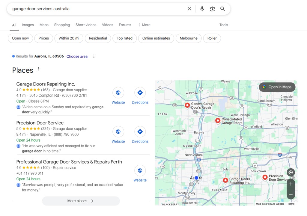 How To Win Customers In The Garage Door Business — 5 Practical Tips To Stand Out 3 Search results page showing top-rated garage door companies and their google maps locations, illustrating how to win customers in the garage door business by appearing in local search listings