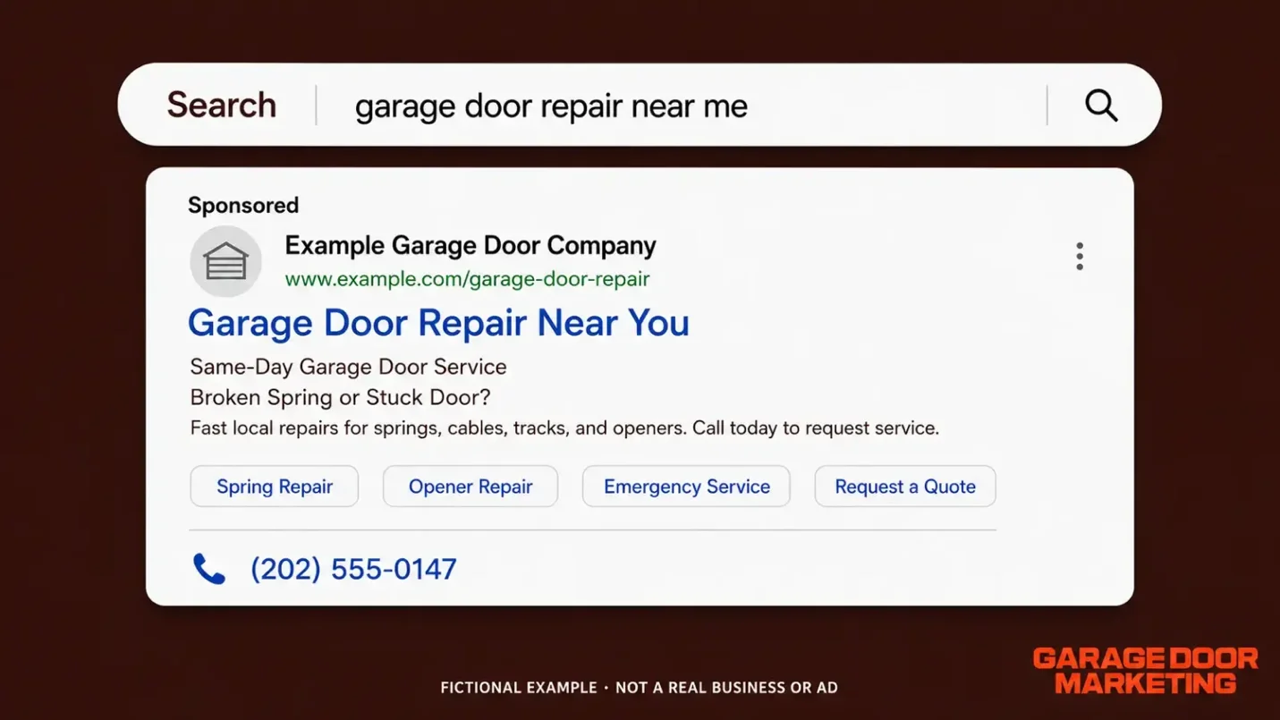 Mockup of a high-converting Google sponsored search ad for garage door repair