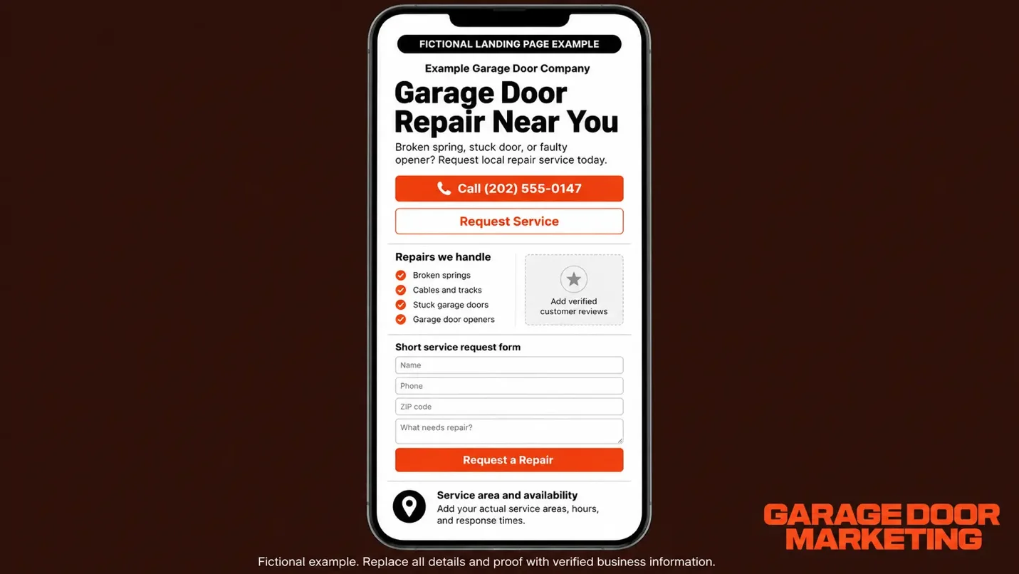 Mockup of a mobile landing page designed for garage door repair ad conversions